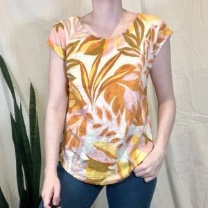 C&C CALIFORNIA | Linen Brown and Orange Cap Sleeve Relaxed Blouse